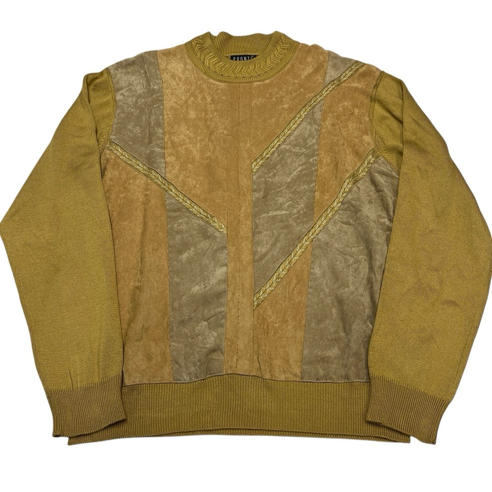 Vintage Pronti Sweater‎ L Brown Mixed Faux Suede Patches Pullover Grunge Grandpa